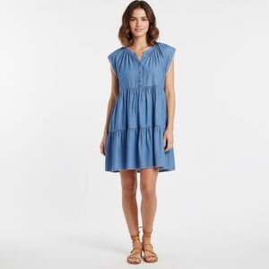 Current Air Anthropologie Blue Chambray Dress Tired Sleeveless Sz L Embroidered